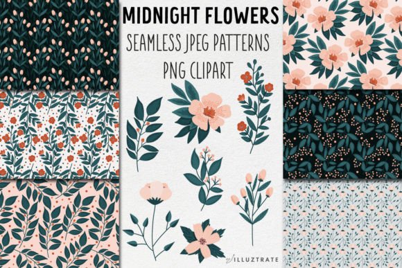 Midnight Flowers Clipart and Patterns