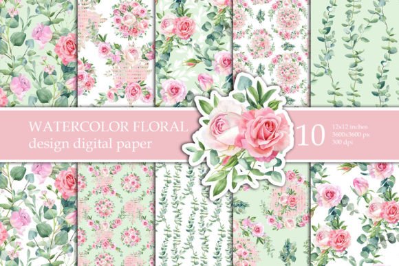 Watercolor Pink Roses Seamless Patterns